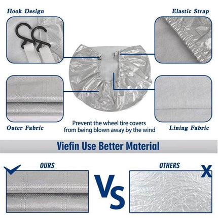Waterproof 4-Piece Car Tire Covers for 29-Inch Wheels — silver waterproof covers with elastic strap, hook design, outer and lining fabric close-ups