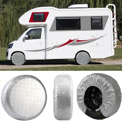 Waterproof 4-Piece Car Tire Covers for 29-Inch Wheels on RV showing silver waterproof covers protecting tires