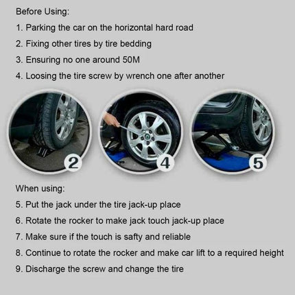 Tool for Lifting and Leveling Vehicles During Travel Trips showing tire jack instructions and wheel lifting steps for car, RV, or trailer