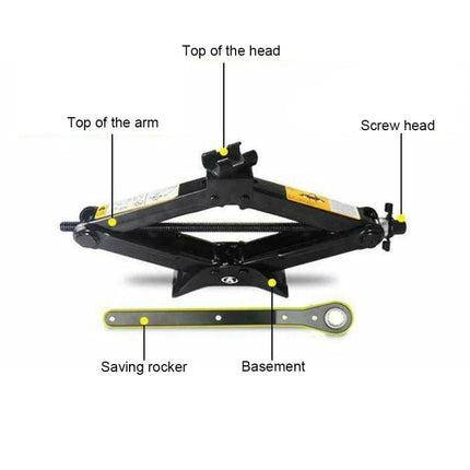 Travel Essential Scissor Jack for Roadside Vehicle Assistance - black compact scissor jack with labeled parts and handle for tire changes