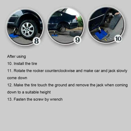 Travel Essential Scissor Jack for Roadside Vehicle Assistance shown lifting car for tire installation and lowering instructions