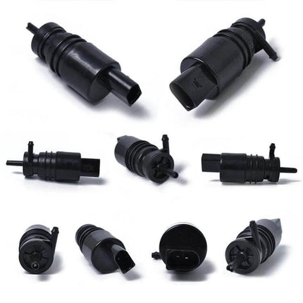 Windshield Washer Pump For 1996-2005 VW Audi BMW Direct Replacement - black plastic direct-fit washer pump shown from multiple angles