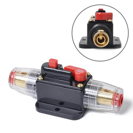 Car Audio Circuit Breaker Fuse Holder For Vehicle Use - 100A manual reset, 12–24V DC protection for cars boats motorcycles, supports up to 4 gauge wire