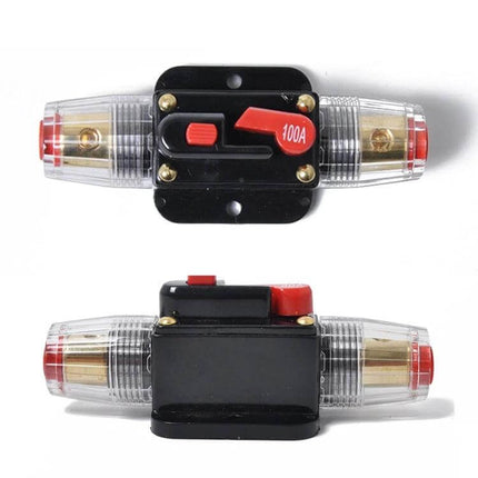 Car Audio Circuit Breaker Fuse Holder For Vehicle Use 100A manual reset, 12–24V DC protection for cars boats motorcycles, supports up to 4 gauge wire