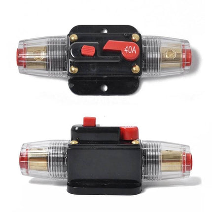 DC 12-24V 40A Circuit Breaker for Car Stereo Protection — inline resettable 40A breaker with clear terminal covers and 4-gauge wire support