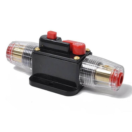 Car Audio Circuit Breaker Fuse Holder For Vehicles – inline resettable 12–24V fuse holder with push-button and 4 AWG terminals for car, boat, motorcycle