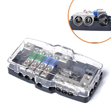Car Audio Distribution Block 4-Way Fuse Block With LED showing clear cover, four fused outputs, red LED status and two 30A/ two 60A fuses