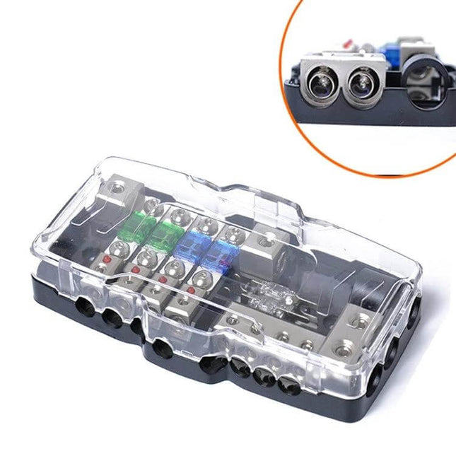 Car Audio Distribution Block 4-Way Fuse Block With LED showing clear cover, four fused outputs, red LED status and two 30A/ two 60A fuses
