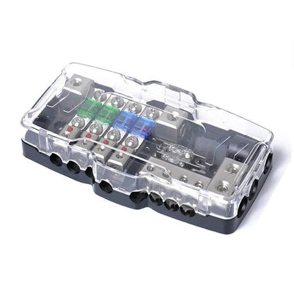 Car Audio Distribution Block 4-Way Fuse Block With LED compact 4-way fused power distribution with red LED status and clear cover