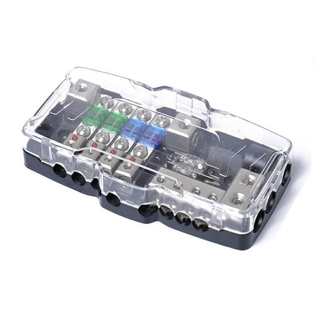 Car Audio Distribution Block 4-Way Fuse Block With LED compact 4-way fused power distribution with red LED status and clear cover