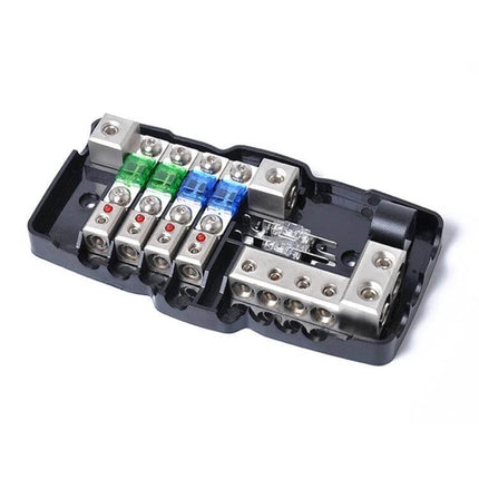 Car Audio Distribution Block 4-Way Fuse Block With LED compact 4-way fused power distribution with LED status and two 30A + two 60A fuses