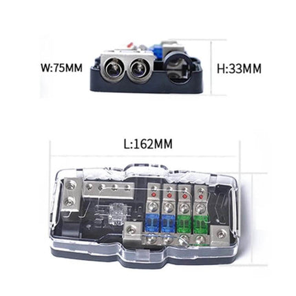 Car Audio Distribution Block 4-Way Fuse Block With LED compact fused power distribution with clear cover, red LED status, two 30A and two 60A fuses