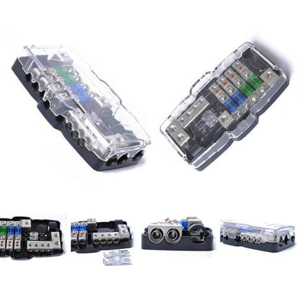 Car Audio Distribution Block 4-Way Fuse Block With LED, clear cover showing two 30A and two 60A fuses for multi-amplifier power distribution