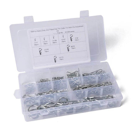 Cotter Pin Clip Set, 180-Piece Heavy Duty Zinc Plated For Cars - clear plastic organizer with assorted zinc-plated cotter pins for automotive use