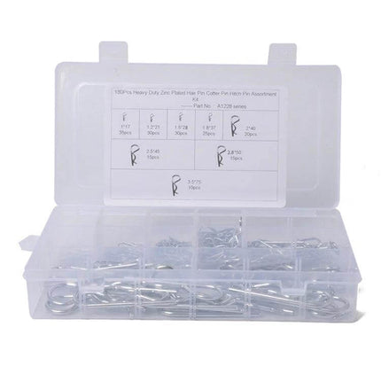 Cotter Pin Clip Set, 180-Piece Heavy Duty Zinc Plated For Cars - organized zinc-plated cotter pins in labeled storage case for automotive use
