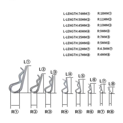 Cotter Pin Clip Set, 180-Piece Heavy Duty Zinc Plated For Cars - diagram of eight sizes with lengths and radii in organizer case