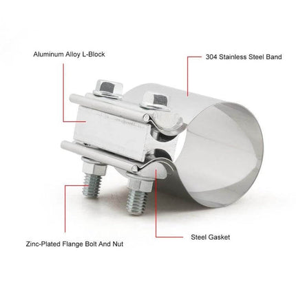 3 Inch Car Turbo Exhaust Downpipe Stainless Steel Lap Joint Band Clamp close-up showing 304 stainless band, aluminum L-block, bolts and steel gasket