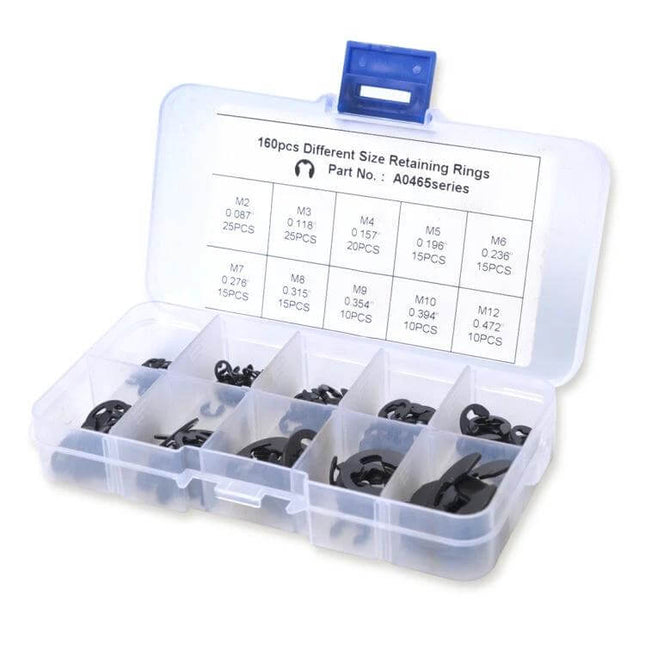 160-Piece E-Clip Snap Ring Assortment for Automotive Securing - plastic organizer box with black spring steel E-clips in multiple compartments