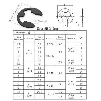 160-Piece E-Clip Snap Ring Assortment for Automotive Securing detailed diagram and size chart showing spring steel E-clip dimensions and tolerances