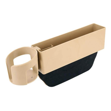 Car Seat Gap Filler Storage Box for Universal Vehicles - beige organizer with cup holder to store phone, keys and small items between seat and console