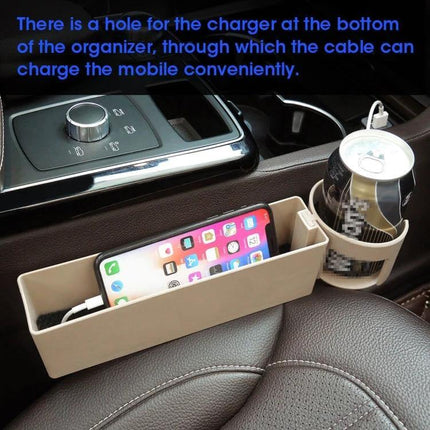 Car Seat Gap Filler Storage Box for Universal Vehicles placed between seat and console holding phone and accessories, with charger cable hole
