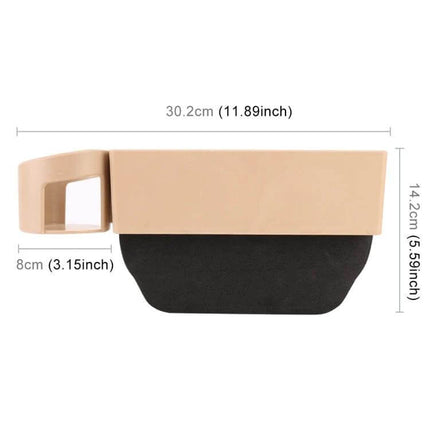 Car Seat Gap Filler Storage Box for Universal Vehicles beige organizer with dimensions 30.2cm x 14.2cm x 8cm shown