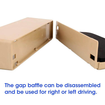 Car Seat Gap Filler Storage Box for Universal Vehicles showing disassembled beige gap baffle for left or right driving, keeps phone and keys secure
