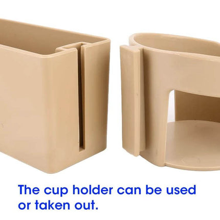 Car Seat Gap Filler Storage Box for Universal Vehicles beige close-up showing removable cup holder and slot organizer