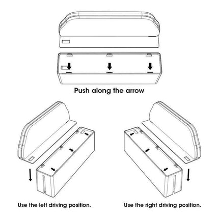 Car Seat Gap Filler Storage Box for Universal Vehicles installation diagram showing push-along arrow and left/right driving positions
