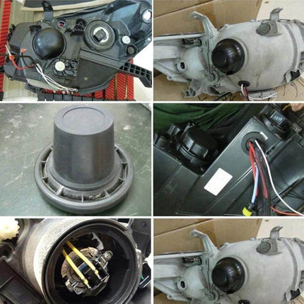Car Headlight Silicone Dust Cover Caps 5 To 8 Cm installed on various headlight housings to protect bulbs from moisture and dirt