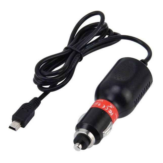 Universal Mini USB Car Charger for GPS and Navigation Devices plugged into car cigarette lighter with coiled cable and mini USB connector