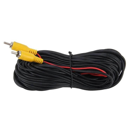 Rear View Camera Video Cable with Detection Wire, 15 Meters - coiled black video cable with yellow RCA connectors and red detection wire for vehicle or CCTV installations