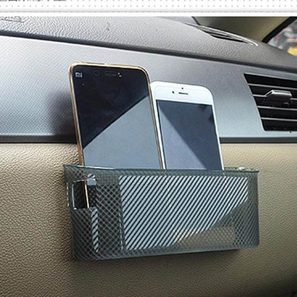 3R Large Car Organizer for Phones, Coins, and Keys in Vehicles mounted on car dash holding two smartphones and small items
