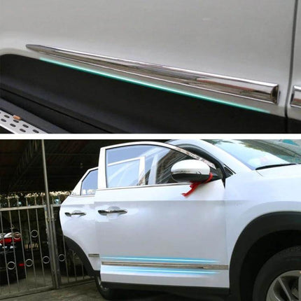 Metal Car Door Edge Anti-Scratch Protection Guards, 4-Pack installed on white SUV door showing polished metal guards protecting edges