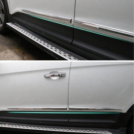 Metal Car Door Edge Anti-Scratch Protection Guards, 4-Pack installed on white SUV door edge preventing scratches and dings