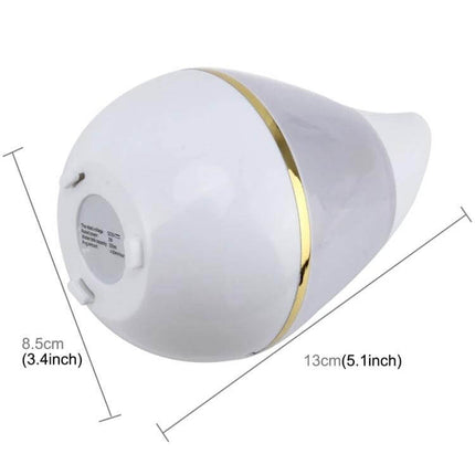 Ultrasonic USB Humidifier Purifier With Aroma Atomizer compact white desk diffuser with gold trim showing dimensions 13cm x 8.5cm