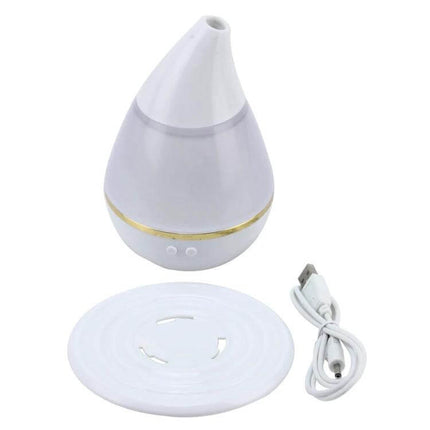Ultrasonic USB Humidifier Purifier With Aroma Atomizer white teardrop diffuser with USB cable and base, compact desk nightstand air purifier and aroma atomizer