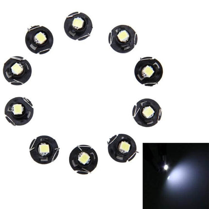T4.2 Wedge Instrument Panel LED Bulbs for Dashboard Gauges shown as black base LEDs arranged in a circle with white light sample