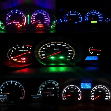T4.2 Wedge Instrument Panel LED Bulbs for Dashboard Gauges illuminating multiple vehicle gauge clusters with bright, even light