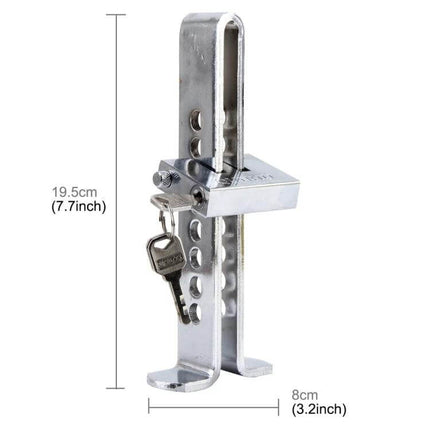 Stainless Steel Anti-Theft Pedal Lock for Car Clutch and Accelerator shown installed with keys and dimensions, flat pole pedal security device