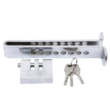 Stainless Steel Anti-Theft Pedal Lock for Car Clutch and Accelerator shown with padlock and keys, chrome finish for flat 1.4cm pole pedals