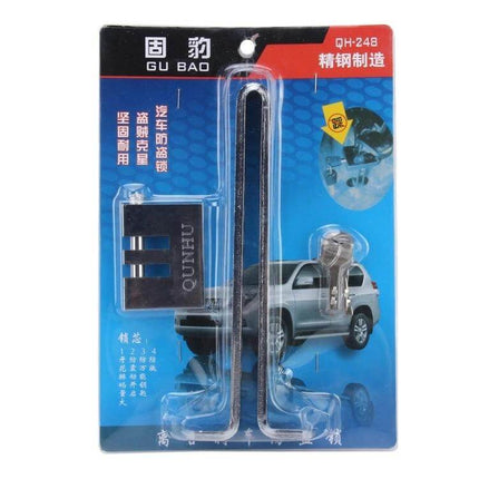 Stainless Steel Anti-Theft Pedal Lock for Car Clutch and Accelerator shown in retail packaging with keys and metal locking bar