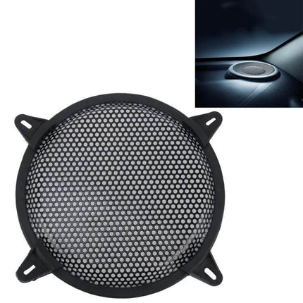 Black 8 Inch Metal Mesh Protective Cover for Car Subwoofers - close-up of round black perforated speaker grill showing mounting tabs
