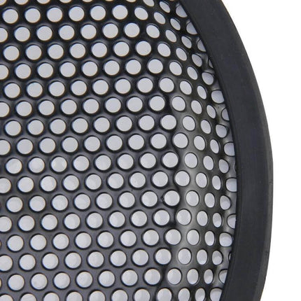 Black 8 Inch Metal Mesh Protective Cover for Car Subwoofers - close-up of black perforated metal speaker grille with rubber edge, protective mesh