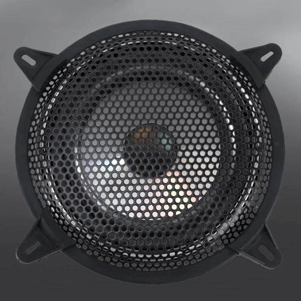 Black 8 Inch Metal Mesh Protective Cover for Car Subwoofers installed over round car speaker to protect from impacts and moisture