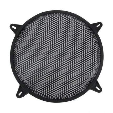 Car Subwoofer Protective Mesh Grille 12 Inch With Fixed Holder — round metal speaker guard with mounting tabs, black low-profile protective grille