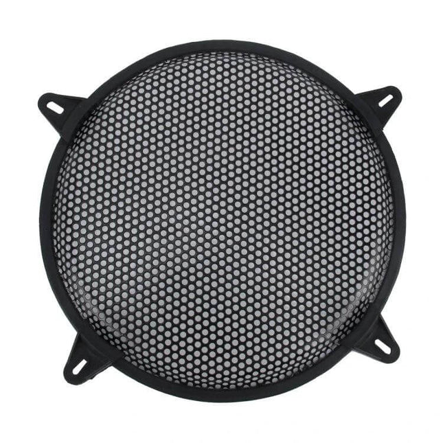 Car Subwoofer Protective Mesh Grille 12 Inch With Fixed Holder — round metal speaker guard with mounting tabs, black low-profile protective grille