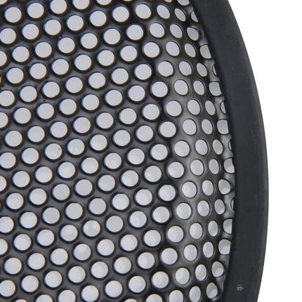 Car Subwoofer Protective Mesh Grille 12 Inch With Fixed Holder, close-up of round perforated metal mesh and rubber rim protecting 12" subwoofer
