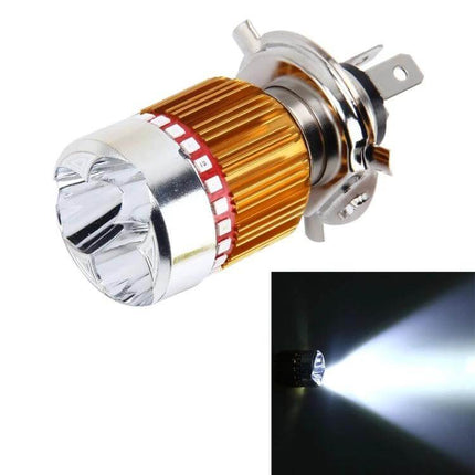 Durable Motorcycle Headlight with Multi-Color LED Options for Safety shown as gold metal LED bulb emitting bright white beam