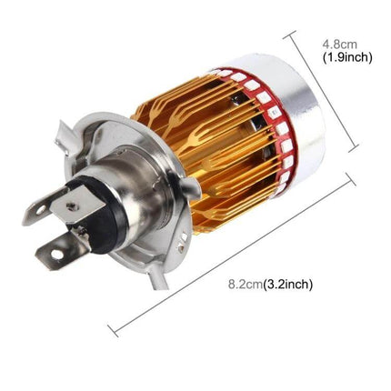 Durable Motorcycle Headlight with Multi-Color LED Options for Safety showing compact gold heat sink and H4 connector (8.2cm x 4.8cm)